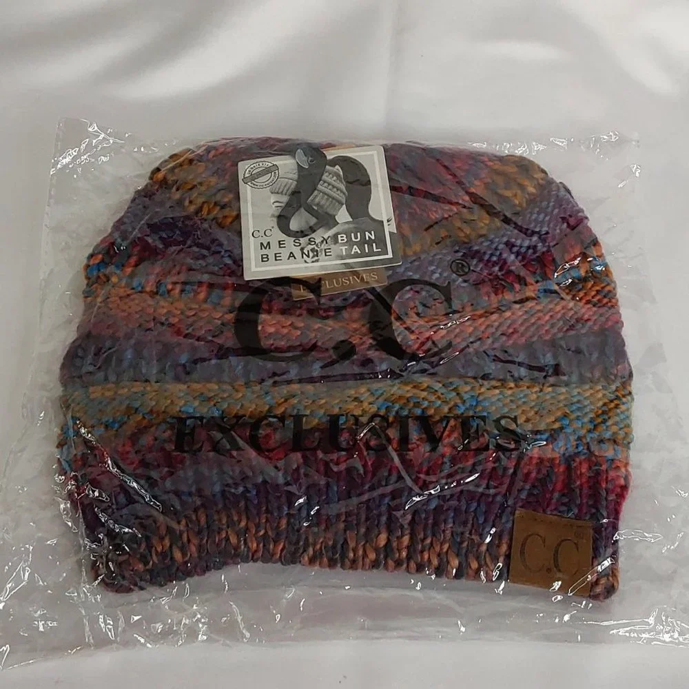 'C.C BEANIE' MESSY BUN BEANIE TAIL' VARIEGATED STRIPE - Picture 15 of 16